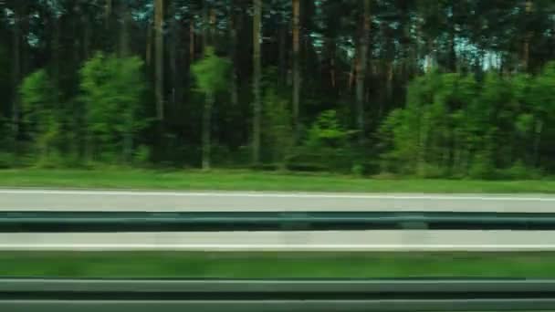 Vista dal finestrino di un'auto in rapido movimento - ampia autostrada e foresta verde — Video Stock