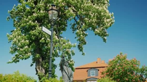 Wernigerode, Alemania, mayo de 2018: Linterna de escultura enciende una linterna en la ciudad alemana de Wernigerode. La belleza de las pequeñas ciudades alemanas — Vídeo de stock