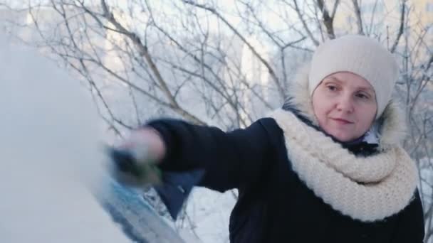 Vrouw reinigt sneeuw uit haar auto op een winterdag — Stockvideo