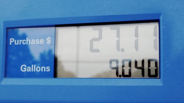 Digital resultattavla på bensinstationen, visar antalet gallons bränsle och priset i amerikanska dollar — Stockvideo