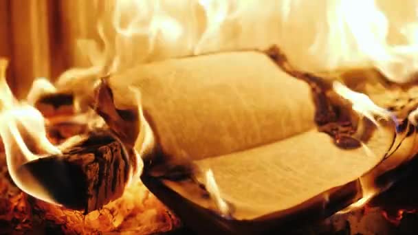 El libro arde en el fuego de la chimenea — Vídeo de stock