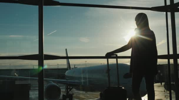 Бізнес-леді з дорожньою сумкою сором'язлива вікно на авіалайнерах. Стенди в терміналі аеропорту з великим вікном — стокове відео