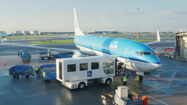 Amsterdam, Niederlande, Oktober 2017: Mitarbeiter des Flughafens bereiten ein Flugzeug für den Abflug vor. In der Nähe des Liners befindet sich ein spezieller Catering-Service-Automat — Stockvideo