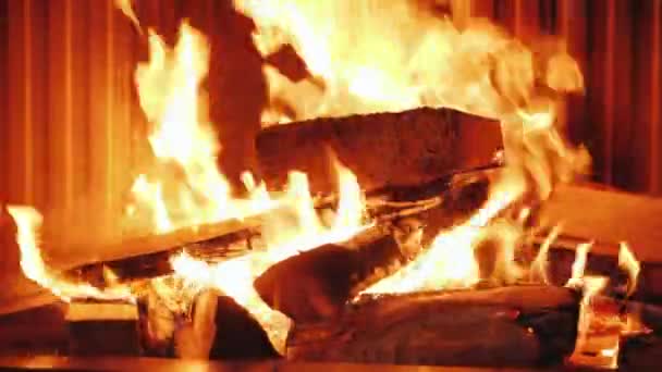 男は暖炉のインサートに薪を入れます。近代的な暖炉による暖房 — ストック動画