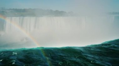 Horseshoe Şelalesi. Su bacası ve gökkuşağı. Popüler Niagara Şelalesi, Kanada Doğa Konsepti