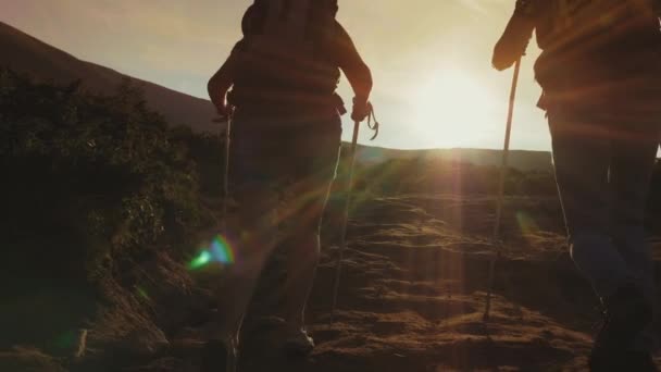 Dos viajeros con mochilas avanzan por el sendero de la montaña hacia el sol — Vídeos de Stock