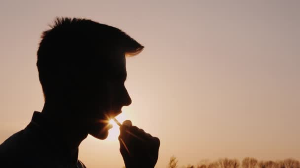 Perfil de un adolescente, comiendo bocadillos. Silueta contra el sol poniente — Vídeo de stock