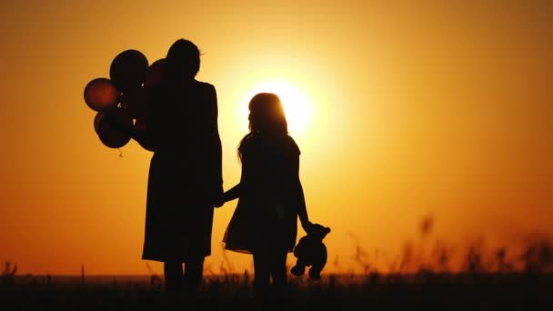 A mãe com posto ao pôr-do-sol. Mantenha bolas e urso de brinquedo — Vídeo de Stock