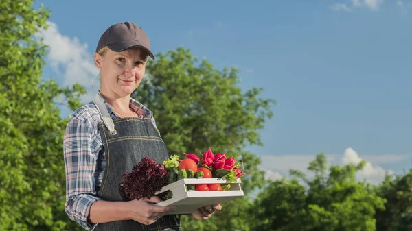 Портрет женщины-фермера с коробкой свежих овощей из своего сада — стоковое фото