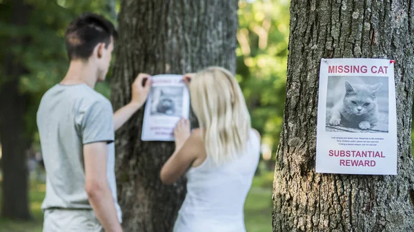 Casal jovem colocando banners de estimação desaparecidos — Fotografia de Stock