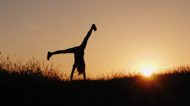 Silueta de una niña haciendo rueda acrobática en una hermosa puesta de sol — Vídeo de stock