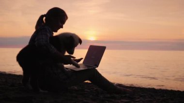 Kadın Blogger bir dizüstü bilgisayar ile çalışır, onu onun köpek dikkatini