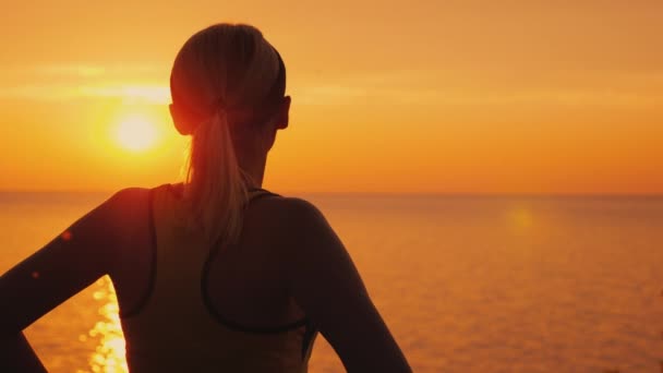 Στοχευμένη αθλήτρια κοιτάζει το ηλιοβασίλεμα πάνω από τη θάλασσα, πίσω όψη — Αρχείο Βίντεο