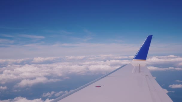 Utsikt från passagerarsätet på trafikflygplan till flygeln och moln — Stockvideo