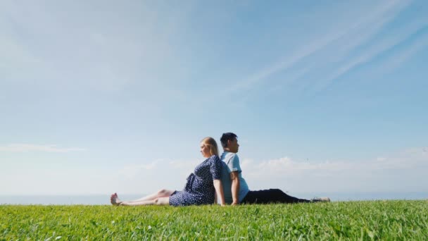 Asiatisk man med en gravid kvinna vilar i naturen i en pittoresk plats, sitta på det gröna gräset — Stockvideo