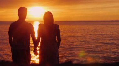 Romantik çok ırklı çift, deniz üzerinde doğal gün batımını hayranlıkla izninle. El ele tutuşuyor, arka görüş. İlişki kavramında uyum