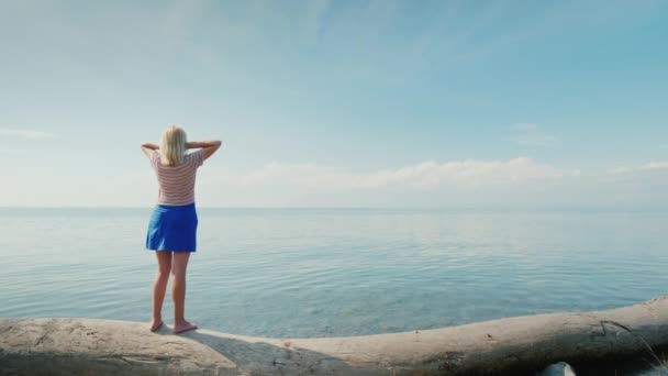 Eine junge Frau steht auf einem Baumstamm und bewundert die wunderschöne Landschaft, in der sich der Himmel mit dem Meer vereint — Stockvideo