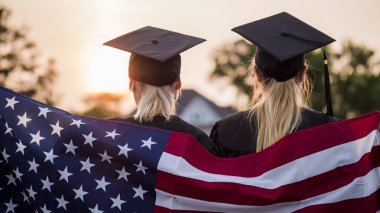 Amerikan bayrağı ile önlük ve kapaklar iki üniversite mezunları