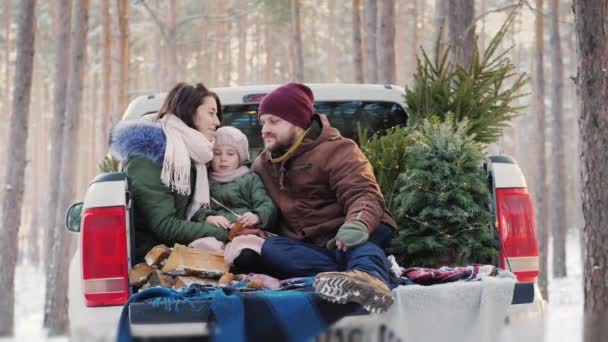 幸せな若い家族クリスマスの朝、新年のツリーの成功した購入後の車の後ろに座っての準備カメラに笑顔 — ストック動画