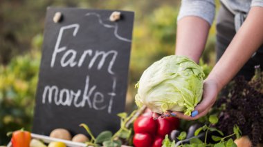 Çiftçiler tezgahın üzerinde bir lahana kafasıyla el ele tutuşuyorlar. Çiftçi pazarında sebze satışı
