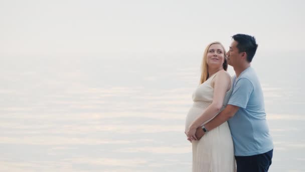 Молода Азіатська людина обіймає свою вагітну дружину на фоні заходу над морем. Мульти-етнічні пари в коханні — стокове відео