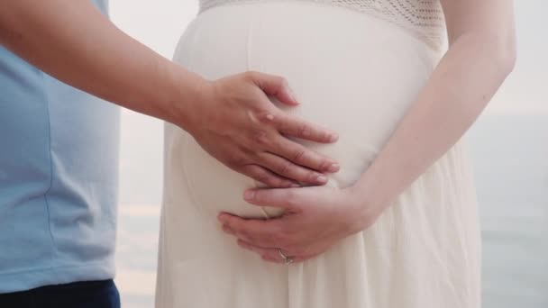 Руки молодого человека держатся за руки его беременной жены — стоковое видео