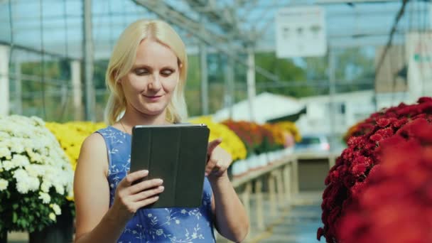 Una giovane donna caucasica usa un tablet digitale. Lavori nel vivaio di fiori — Video Stock