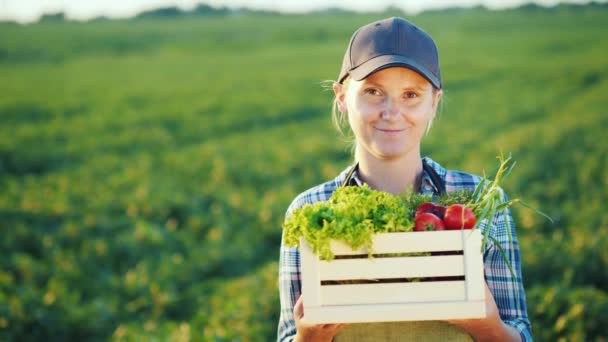 Mujer alegre agricultora con una caja de verduras se encuentra en el fondo del campo — Vídeo de stock