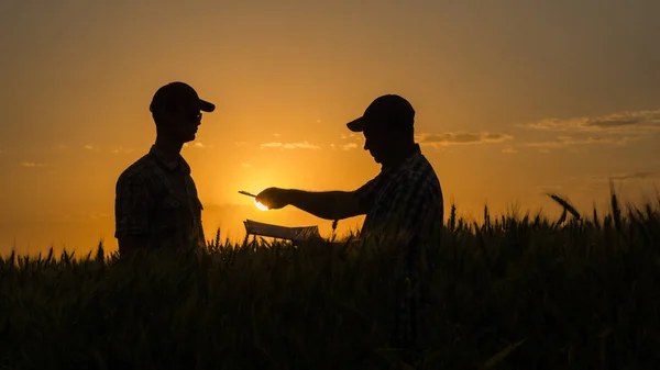 De boer ondertekent een contract op het veld. Agribusiness deal — Stockfoto