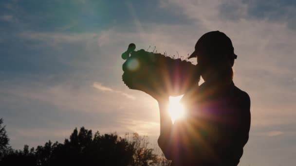 Silhouette d'un fermier avec une boîte de fruits sur l'épaule — Video