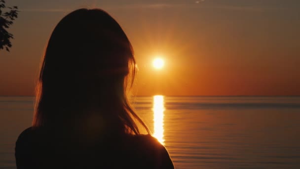 Silueta unei femei de vârstă mijlocie care urmărește apusul soarelui deasupra mării — Videoclip de stoc