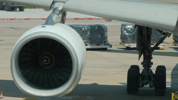 Der Flügel eines Passagierflugzeugs mit einem leistungsstarken Strahltriebwerk darauf. — Stockvideo