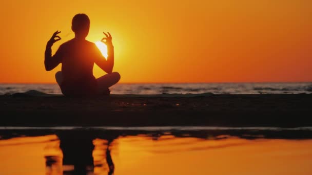 Young woman meditates in a picturesque place at sunset — Stock Video