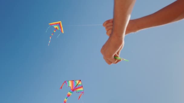 Hands of a man control a kite. Precise control concept — Stock Video