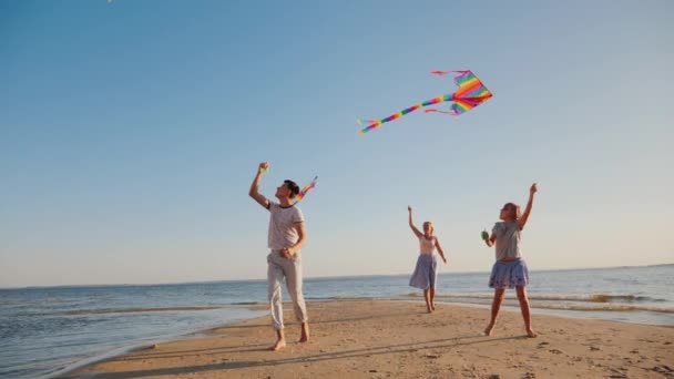 Een jong gezin brengt actief tijd samen door - ze spelen vliegers — Stockvideo