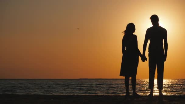 Egy fiatal szerelmespár sziluettjei állnak a tenger mellett napnyugtakor. — Stock videók