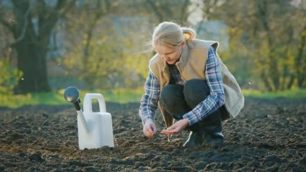 Ung kvinna bonde arbetar i sin trädgård, plantera frön i jorden — Stockvideo