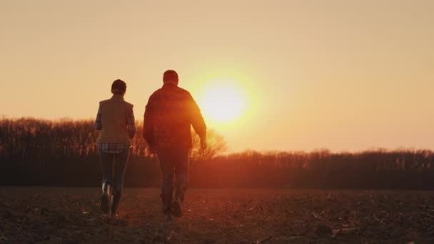Bäuerinnen und Bauern gehen bei Sonnenuntergang auf ein gepflügtes Feld. — Stockvideo