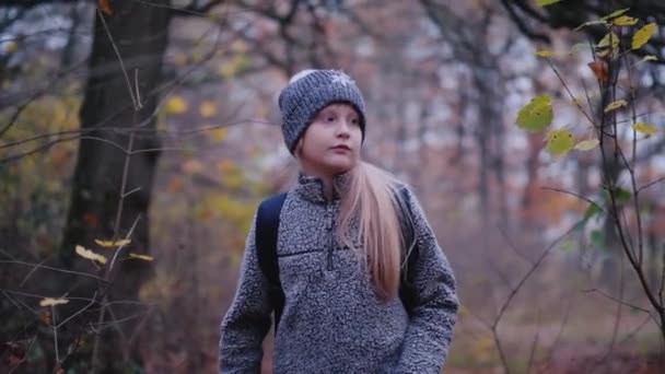 Uma menina caminha pela floresta ao entardecer, uma criança perdida na floresta — Vídeo de Stock