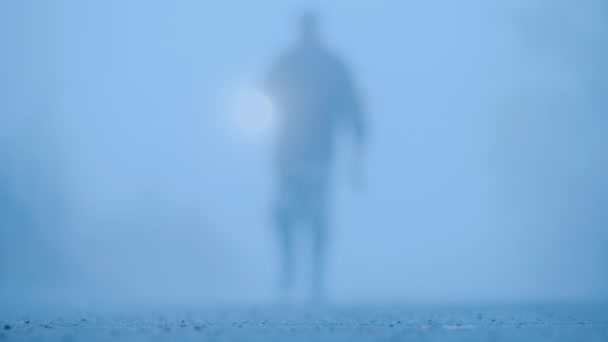 Blurred silhouette of a man in the fog with a bloody ax with an ax and a flashlight — Stock Video