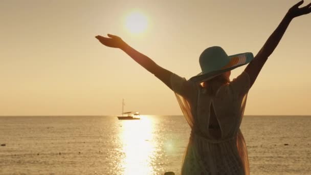 Молодая женщина наслаждается восходом солнца над морем, эмоционально машет руками. Корабль виден вдалеке — стоковое видео