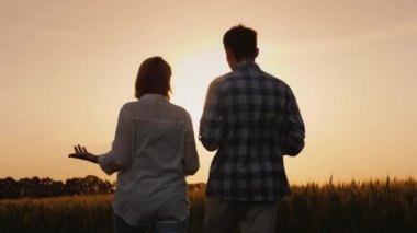 Arka manzara: İki çiftçinin siluetleri, güçlü bir rüzgar tarafından sallanan buğday tarlaları boyunca yürüyor