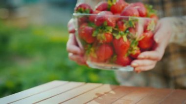 Bir kadın masaya bir kase olgun çilek koyar.