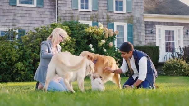 Een jong stel heeft plezier in de achtertuin van het huis - spelen met een hond. Amerikaans droomconcept — Stockvideo