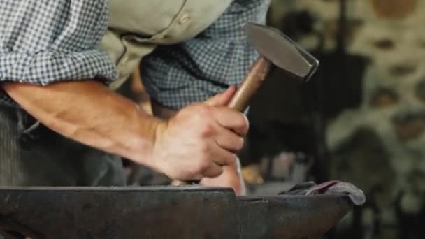 Een smid maakt een product van ijzer, hameren een rood-hete billet, die ligt op het aambeeld — Stockvideo