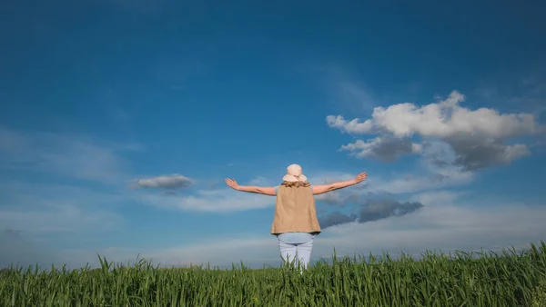 Žena stojí na zelené louce proti krásné modré obloze s mraky. Širokoúhlý snímek — Stock fotografie