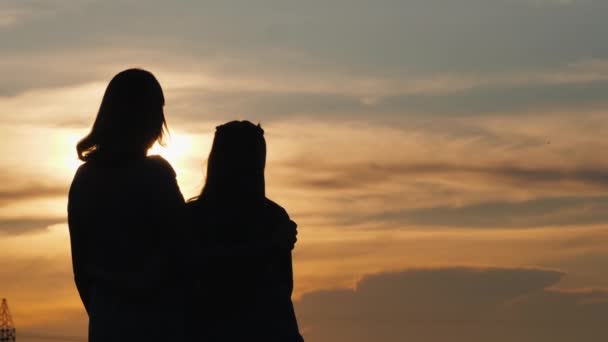 Uma mulher com um filho olha para a frente para o pôr do sol, a vista por trás — Vídeo de Stock