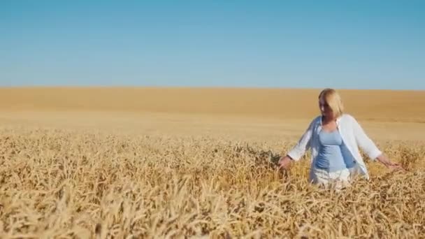 Жінка-фермер ходить на безмежному полі жовтої пшениці . — стокове відео
