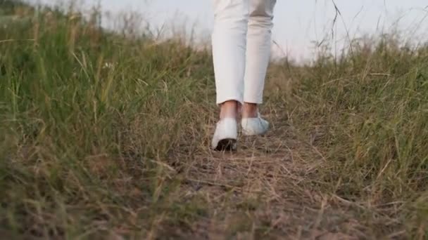 De benen van een vrouw gekleed in witte kleren lopen langs het pad tussen het gras — Stockvideo