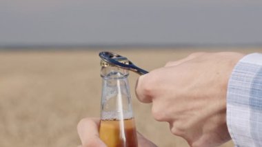 Erkek eli buğdayın yetiştiği tarlanın arka planına karşı bir şişe bira açar. Yavaş çekim videosu
